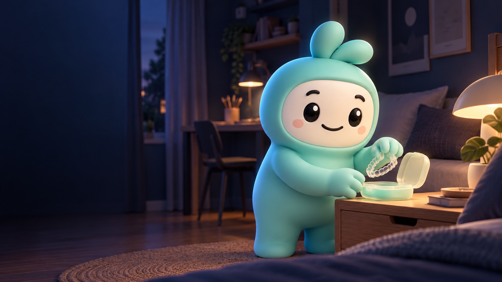 The SmileHero character putting an appliance into its case on a bedside table at night.
