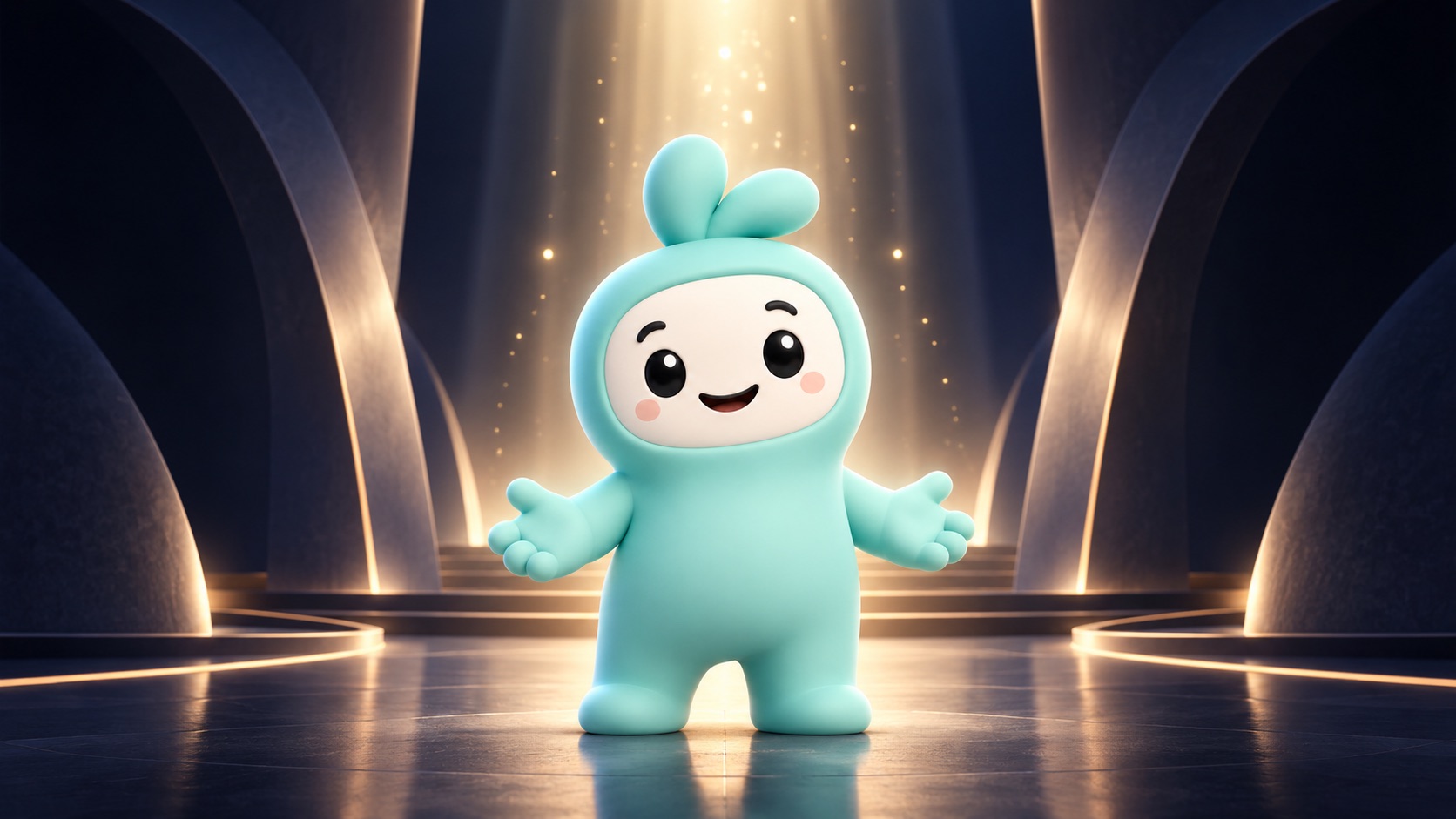 The SmileHero character standing with open arms in a beam of light.