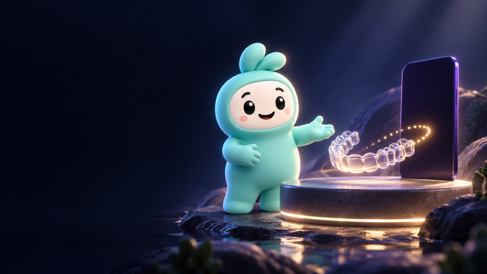 The SmileHero character beside a clear removable appliance and a phone on a lit pedestal.